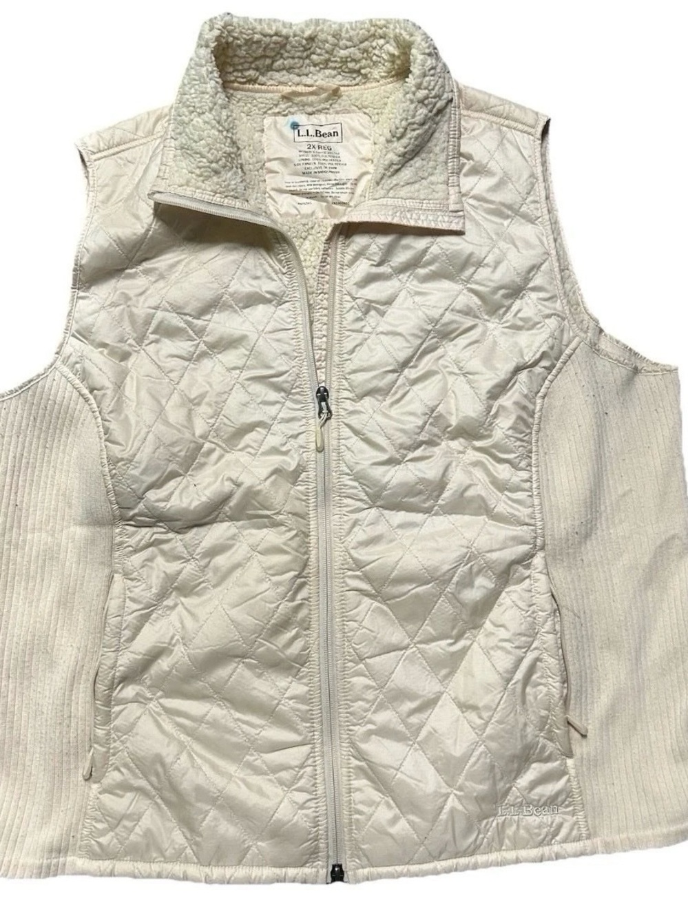 Women’s LL Bean White Cream Lightweight Puffer Vest Size 2X Sherpa Lined